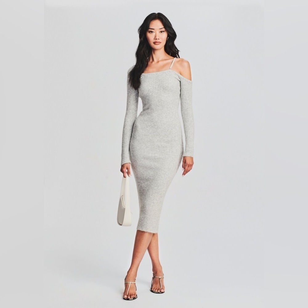 SER.O.YA Siren Gray Ribbed Midi Dress Off-Shoulder Bodycon NWT Size S​